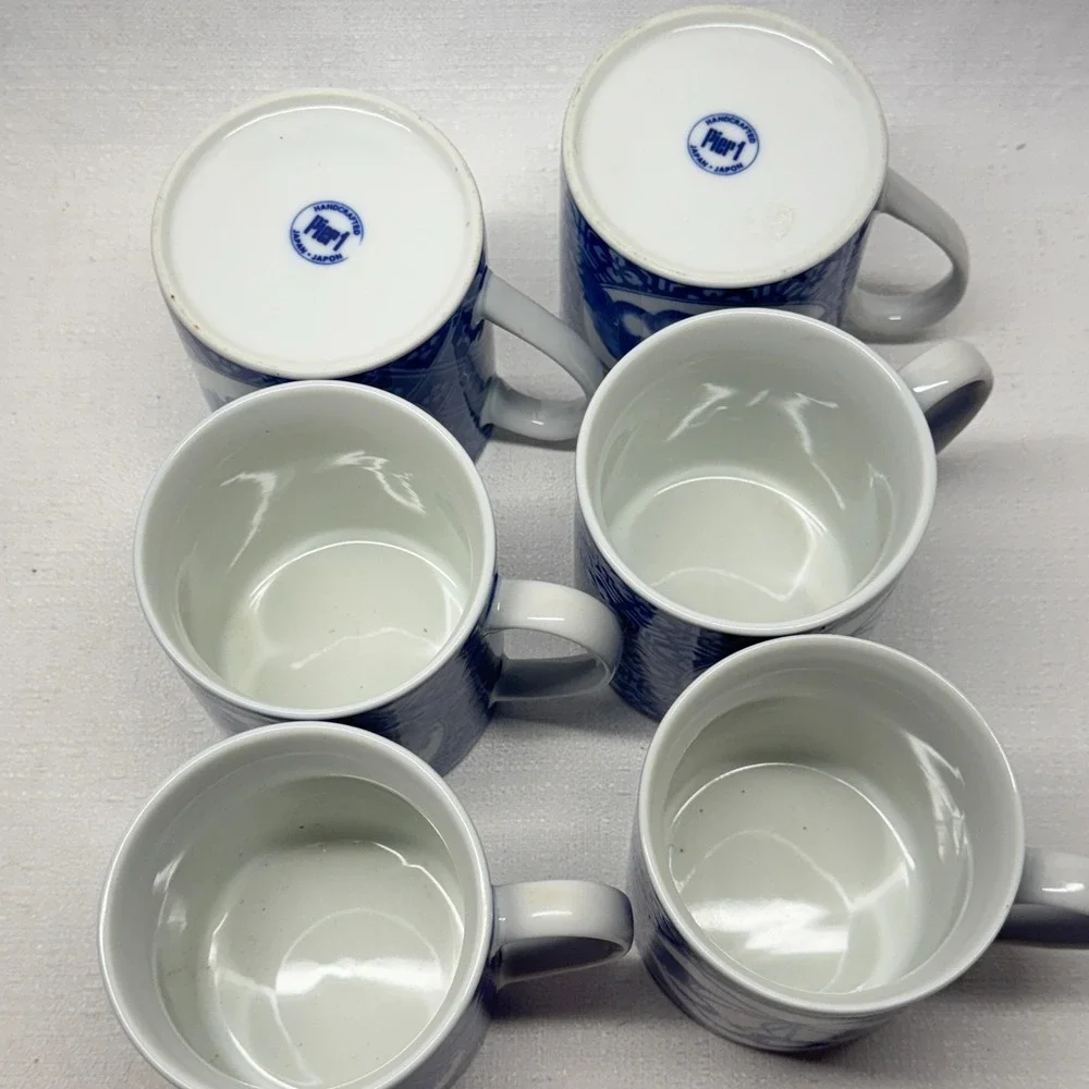 Pier 1 Coffee Mugs Set of 6 Blue White Grape Cherry‎ Chinoiserie Grandmillennial